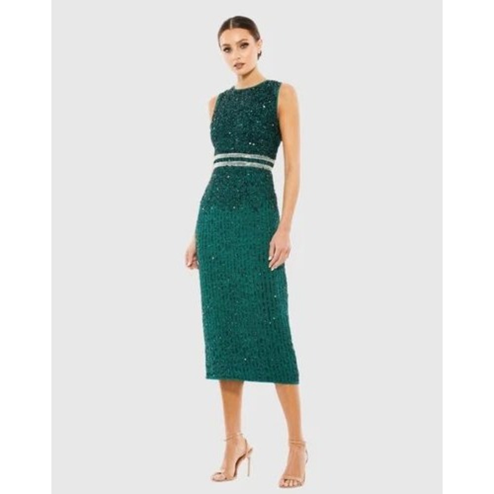 MacDuggal Vertical Sequin Midi Dress Women 10 Green Bead Waist Sheath Gala Glam